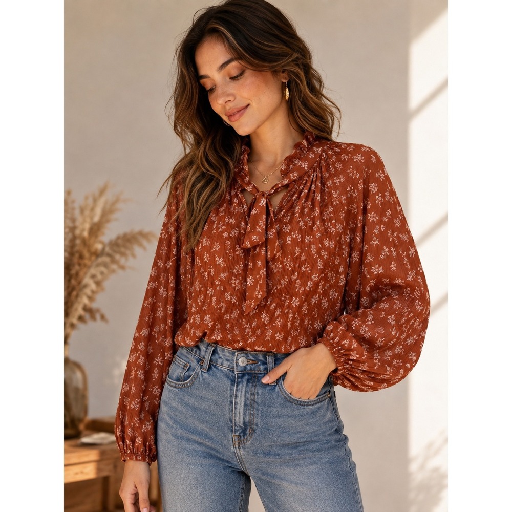 Wishlist Apparel Fall Floral Tie Neck Balloon Sleeve Blouse Rust Size L